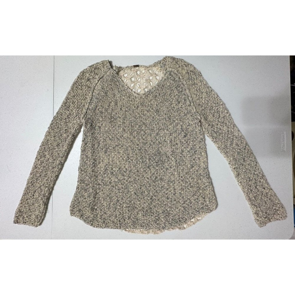 Poof Marled Knit‎ Crochet Lace Back V-Neck Sweater Grey Cream Boho Cottagecore L